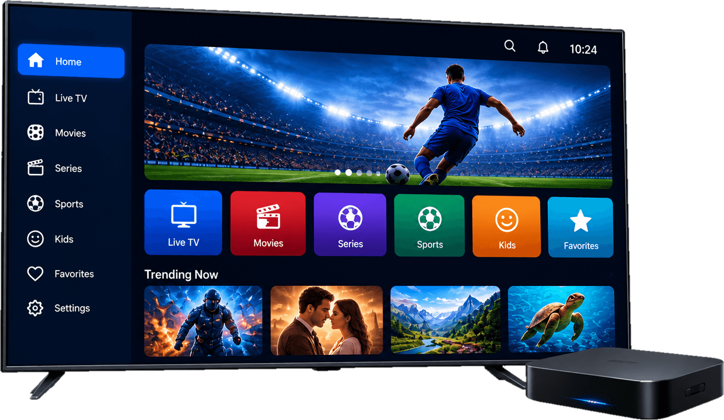 Smart-TV mit IPTV-Oberfläche für Live-TV, Filme, Serien und Sport, daneben eine TV-Box